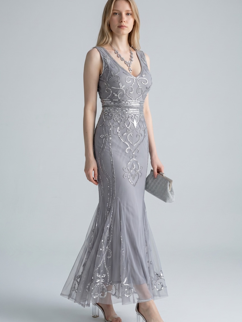 Elegant Silver Gray Beaded V-Neck Evening Gown